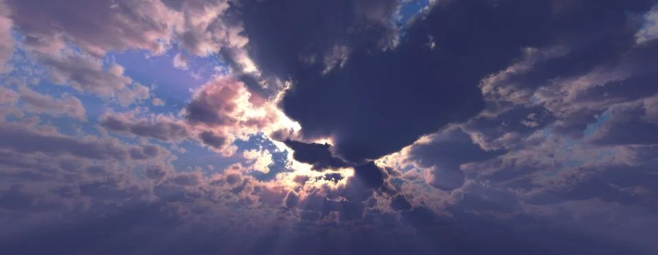 Sunset / sunrise with clouds, light rays and other atmospheric effect, 3d ill Illustrazione stock