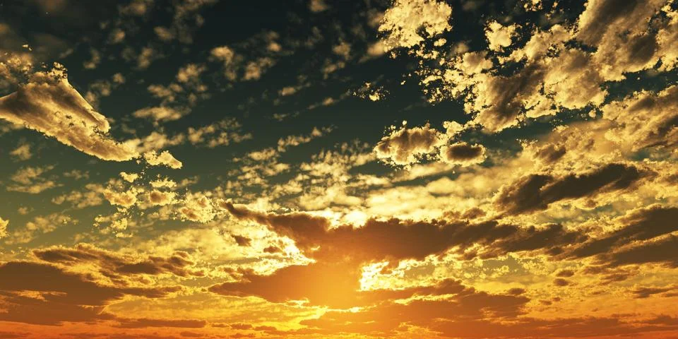 Sunset / sunrise with clouds, light rays and other atmospheric effect, 3d ill Stock Illustration