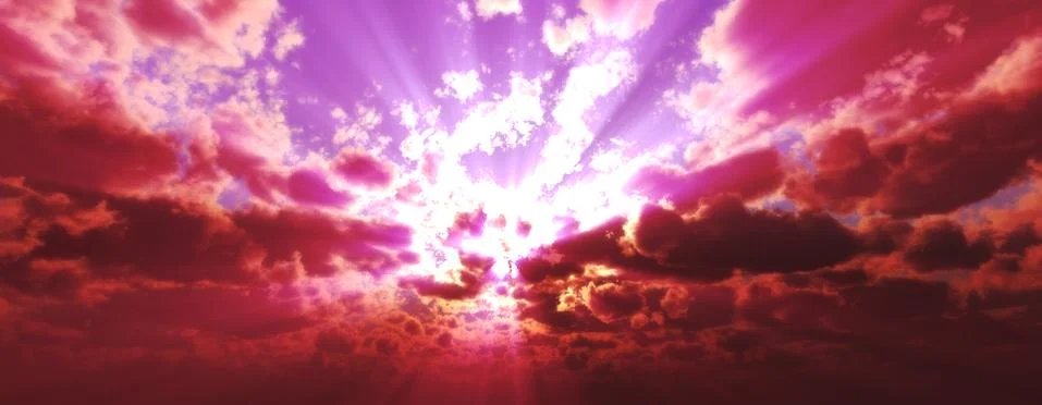 Sunset / sunrise with clouds, light rays and other atmospheric effect, 3d ill Stock Illustration