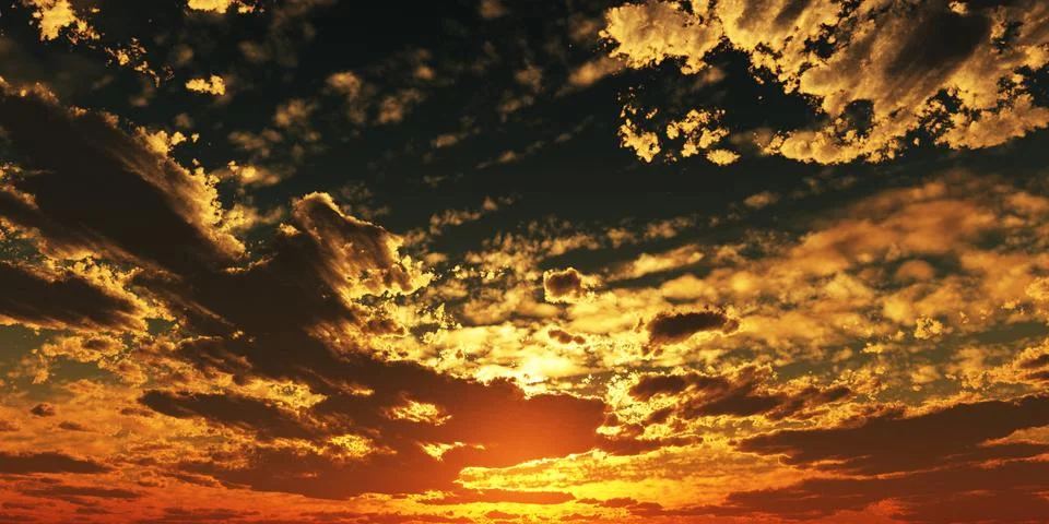 Sunset / sunrise with clouds, light rays and other atmospheric effect, 3d ill 스톡 일러스트