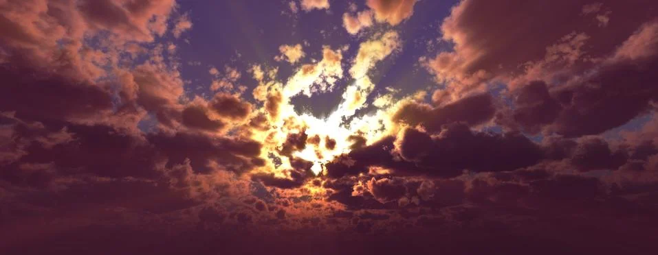 Sunset / sunrise with clouds, light rays and other atmospheric effect, 3d ill 스톡 일러스트