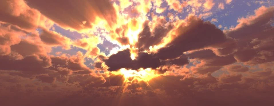 Sunset / sunrise with clouds, light rays and other atmospheric effect, 3d ill Stock Illustration