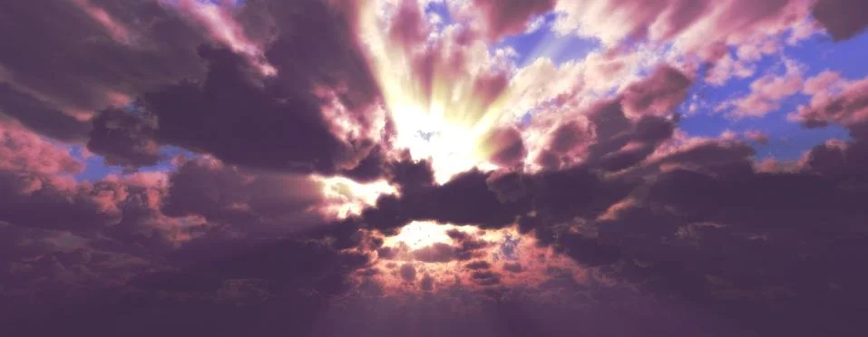 Sunset / sunrise with clouds, light rays and other atmospheric effect, 3d ill Stock Illustration