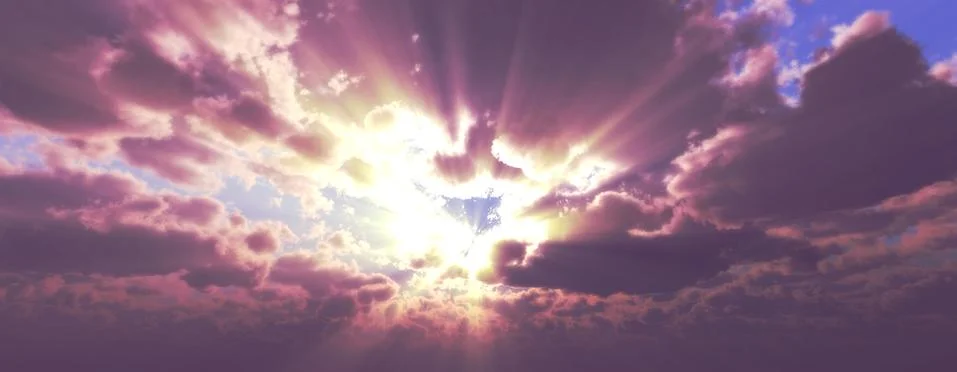 Sunset / sunrise with clouds, light rays and other atmospheric effect, 3d ill Stock Illustration