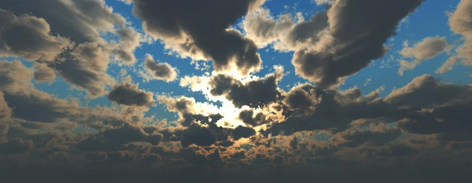 Sunset / sunrise with clouds, light rays and other atmospheric effect, 3d ill Illustrazione stock