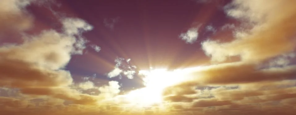 Sunset / sunrise with clouds, light rays and other atmospheric effect, 3d ill Stock Illustration