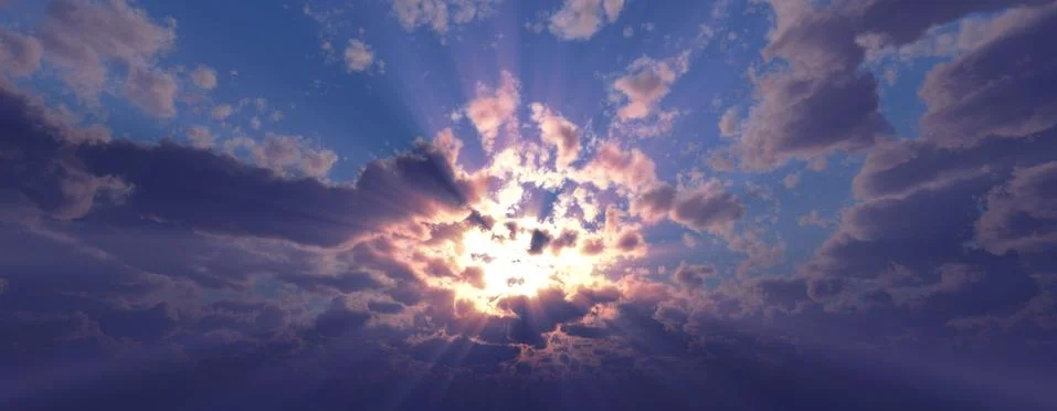 Sunset / sunrise with clouds, light rays and other atmospheric effect, 3d ill 스톡 일러스트