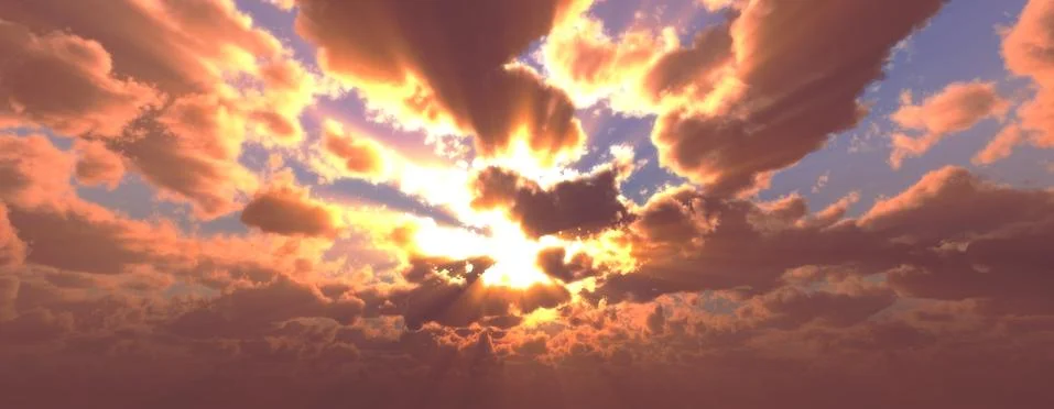 Sunset / sunrise with clouds, light rays and other atmospheric effect, 3d ill 스톡 일러스트