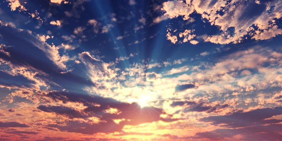 Sunset / sunrise with clouds, light rays and other atmospheric effect, 3d ill 스톡 일러스트