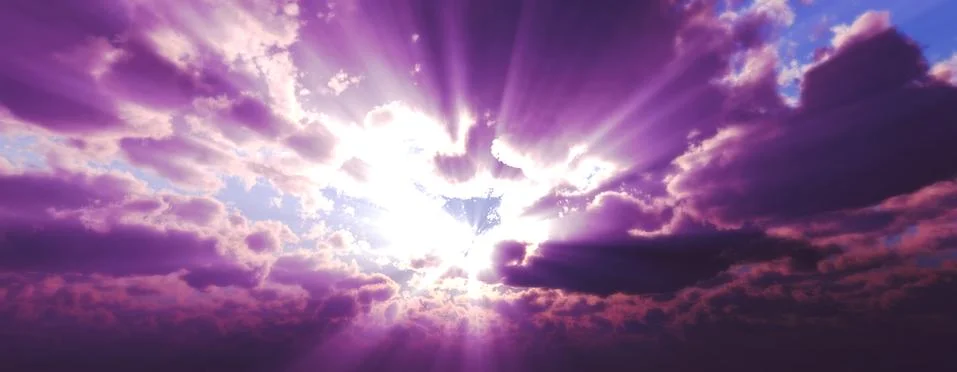 Sunset / sunrise with clouds, light rays and other atmospheric effect, 3d ill Stock Illustration