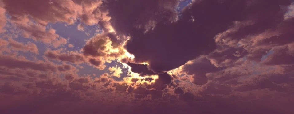 Sunset / sunrise with clouds, light rays and other atmospheric effect, 3d ill Stock Illustration