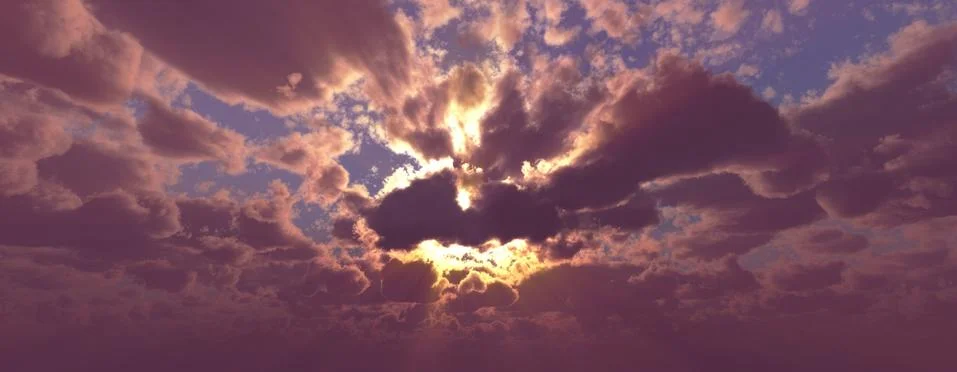 Sunset / sunrise with clouds, light rays and other atmospheric effect, 3d ill Stock Illustration