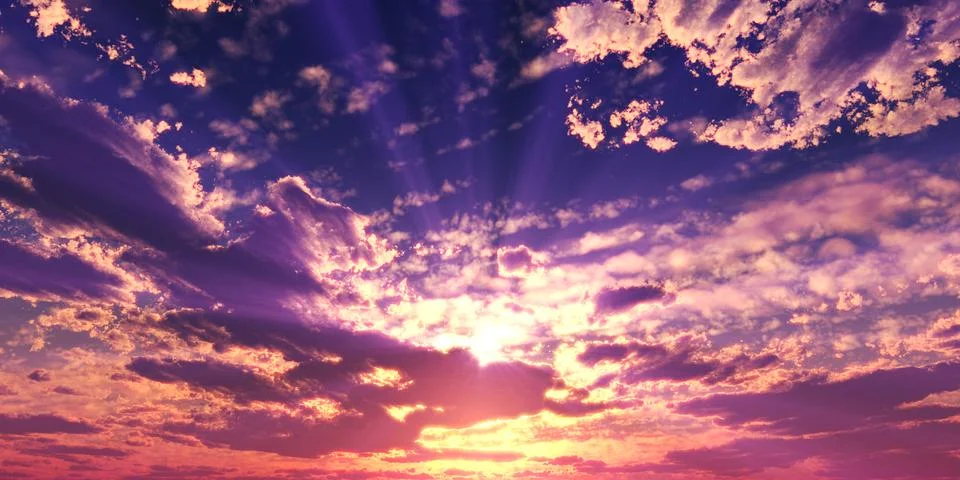 Sunset / sunrise with clouds, light rays and other atmospheric effect, 3d ill Stock Illustration