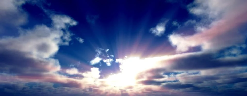 Sunset / sunrise with clouds, light rays and other atmospheric effect, 3d ill Illustrazione stock