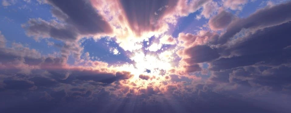 Sunset / sunrise with clouds, light rays and other atmospheric effect, 3d ill 스톡 일러스트