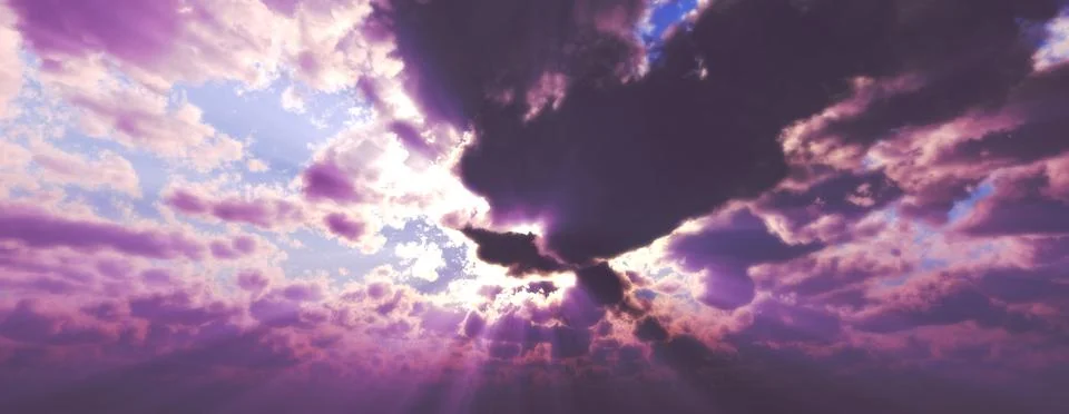 Sunset / sunrise with clouds, light rays and other atmospheric effect, 3d ill Stock Illustration