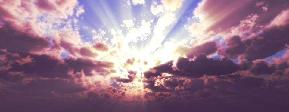 Sunset / sunrise with clouds, light rays and other atmospheric effect, 3d ill Stock Illustration