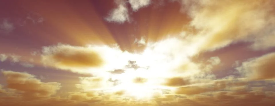 Sunset / sunrise with clouds, light rays and other atmospheric effect, 3d ill Stock Illustration