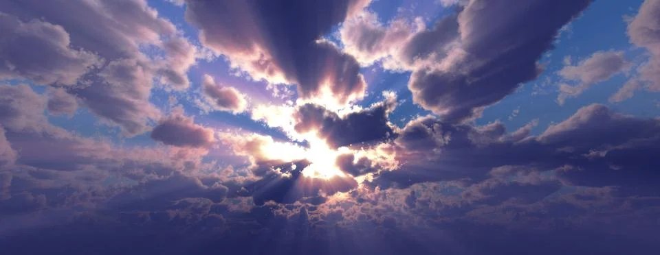 Sunset / sunrise with clouds, light rays and other atmospheric effect, 3d ill Stock Illustration