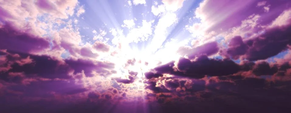 Sunset / sunrise with clouds, light rays and other atmospheric effect, 3d ill Stock Illustration