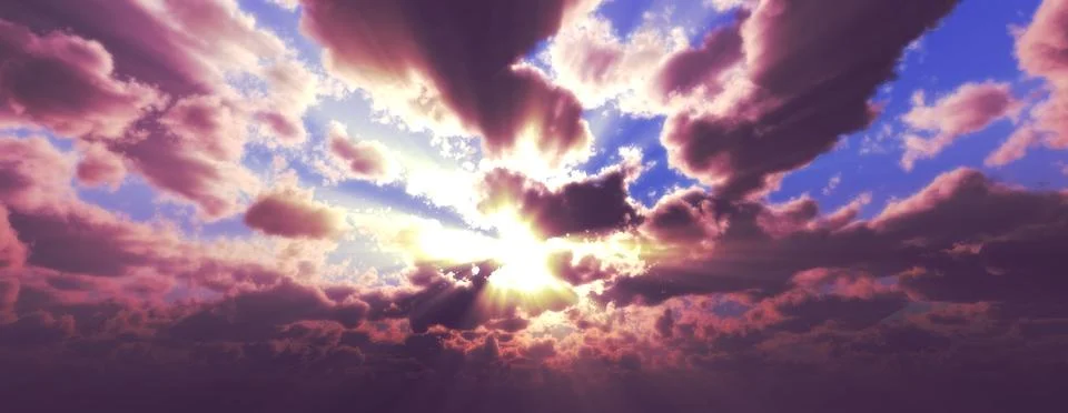 Sunset / sunrise with clouds, light rays and other atmospheric effect, 3d ill Stock Illustration