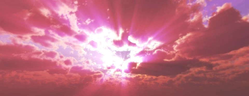 Sunset / sunrise with clouds, light rays and other atmospheric effect, 3d ill 스톡 일러스트