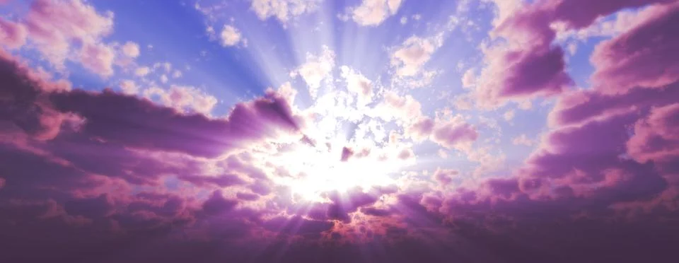 Sunset / sunrise with clouds, light rays and other atmospheric effect, 3d ill 스톡 일러스트