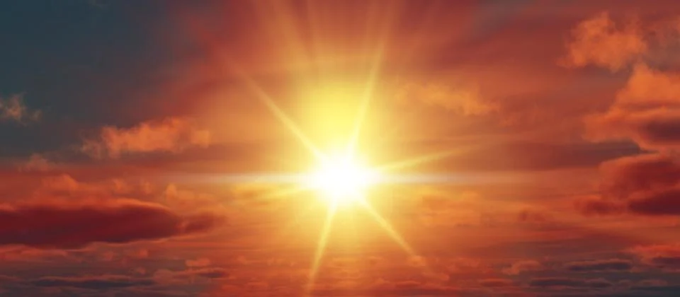 Sunset, sunrise with clouds, light rays , 3d illustration Stockillustratie