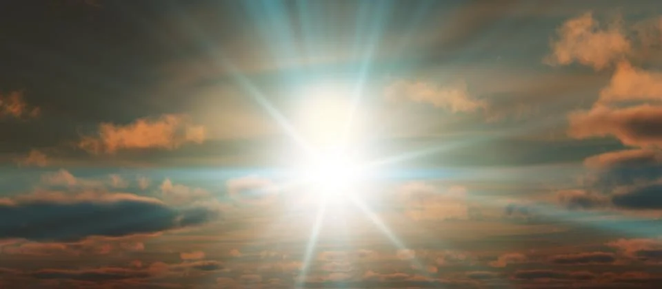 Sunset, sunrise with clouds, light rays , 3d illustration イラスト素材