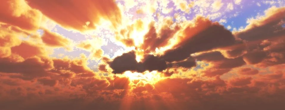 Sunset / sunrise with clouds, light rays and other atmospheric effect, 3d ill Stock Photos