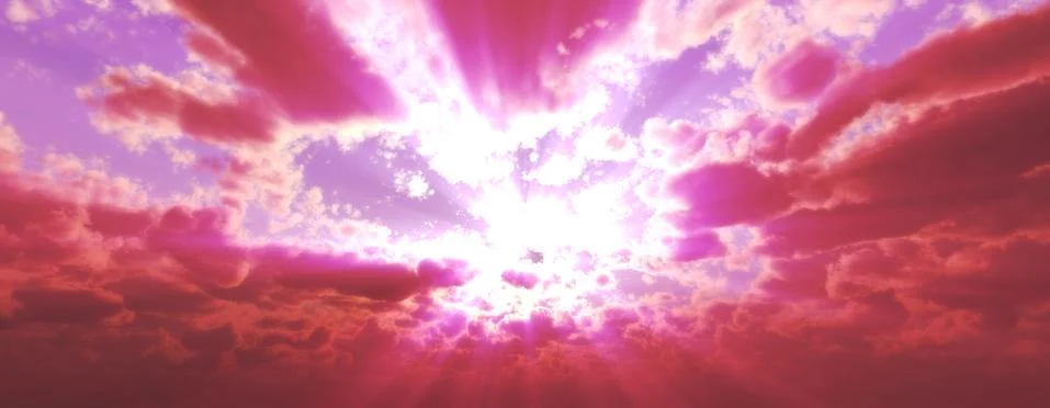 Sunset / sunrise with clouds, light rays and other atmospheric effect, 3d ill Stock Photos