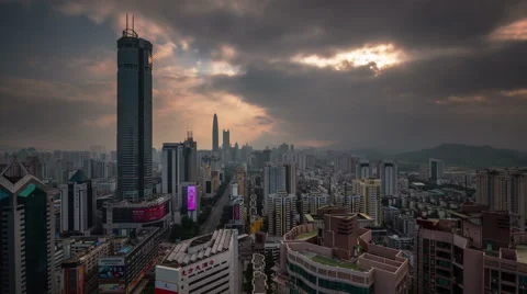 Sunset sunrise cloudy sky shenzhen city panorama 4k time lapse china Stock Footage 49197847