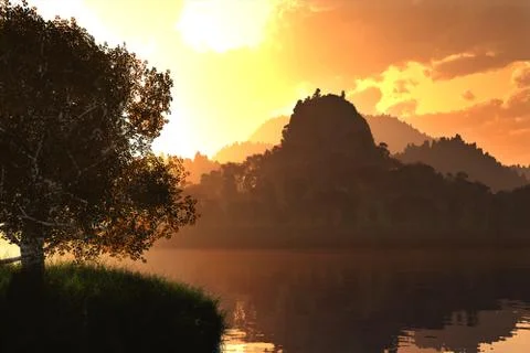 Sunset sunrise at the lake 3D render Illustrazione stock