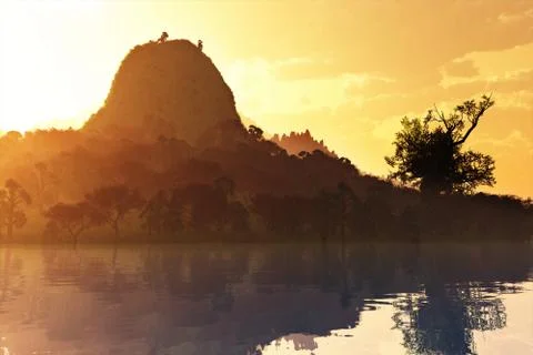 Sunset sunrise at the lake 3D render Illustrazione stock