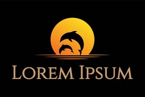 Sunset Sunrise Ocean with Jumping Dolphin Logo Design Vector Stock Illustration
