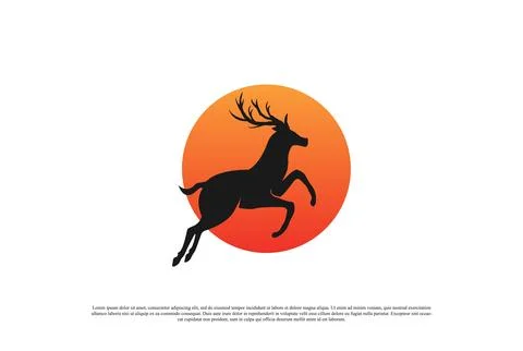 Sunset Sunrise or Moon with Jumping Deer Antler Reindeer Logo Design Vector Stock Illustration