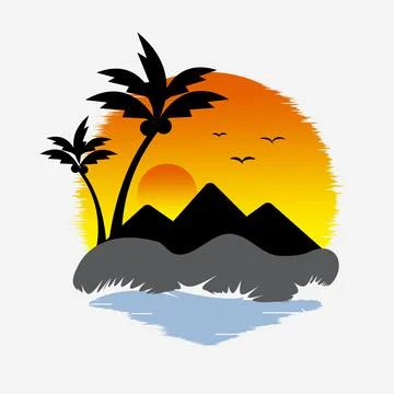 Sunset Sunrise View Beach Mountain Palm Trees Icon Logo Vector Illustrazione stock