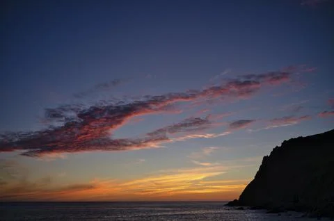 Sunset, sunset at sea, dramatic clouds, iCot Valley Beach, Porth Nanven, coast, Stock Photos