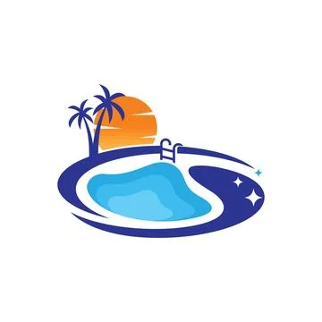 Sunset swimming pool abstract logo design template Stock Illustration