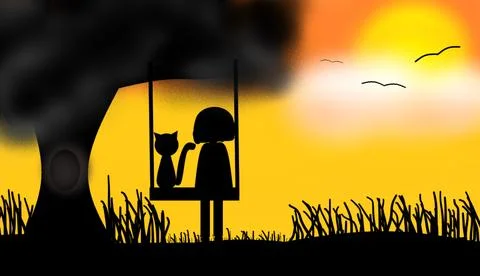 Sunset Swing with Friend. Stock Illustration