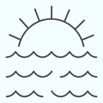 Sunset thin line icon. Sun and sea waves vector illustration isolated on white Stock Illustration