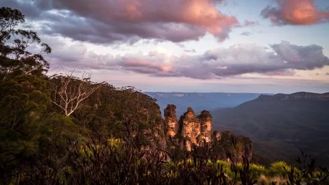 Sunset at the Three Sisters in Blue Mountain, New South Wales, Australia. Stock Photos