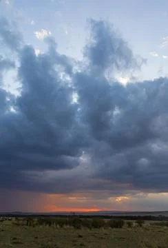 Sunset through the clouds in the Masai Mara. Great herds during migration Stock Photos