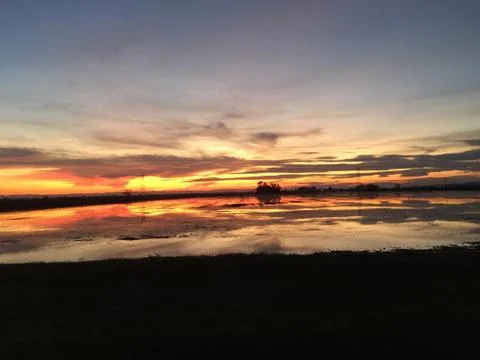 Sunset through clouds over rice fields 스톡 사진