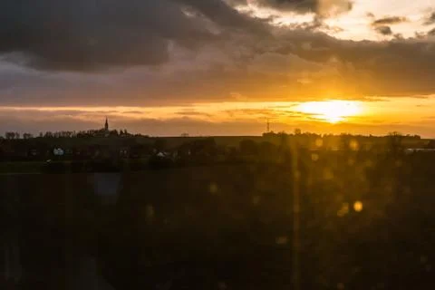 Sunset Through Train Window Passenger Seat Farmland Outdoors Stock Photos