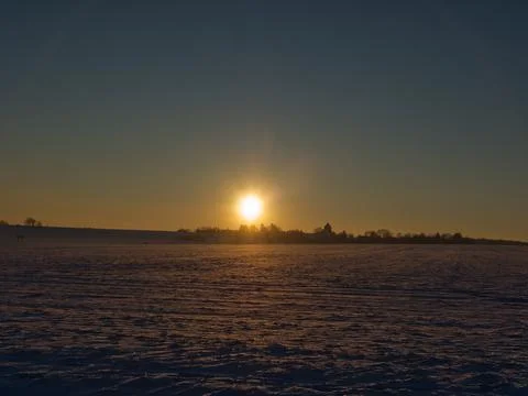 Sunset in thuringia with snow at krippendorf in winter Stock Photos