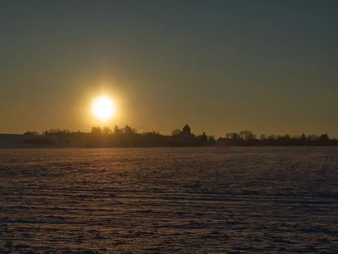 Sunset in thuringia with snow at krippendorf in winter Stock Photos