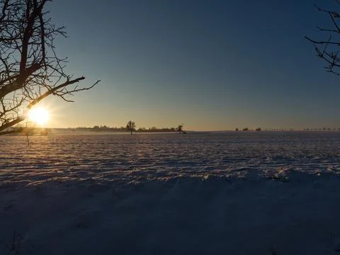 Sunset in thuringia with snow at krippendorf in winter Stock Photos