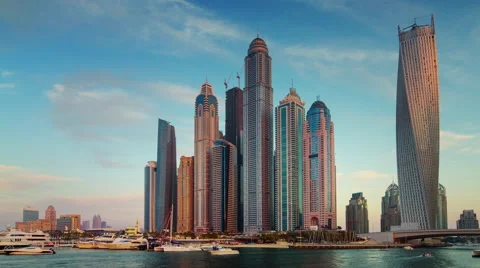 Sunset till night light dubai marina famous panorama 4k time lapse uae Stock Footage 54129342