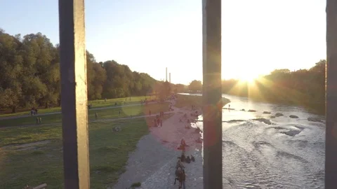 Sunset time on the bank of river Stock Footage 71780027